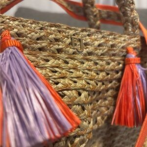 Eric Javits Tan Woven Tote with Orange and Purple Tassels
